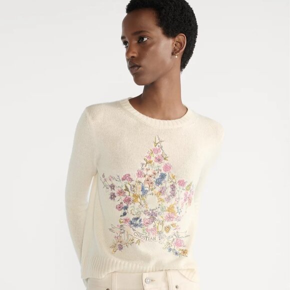Dior White Cashmere Knit with Multicolor Dior Star Motif Embroidered Sweater - Picture 2 of 11